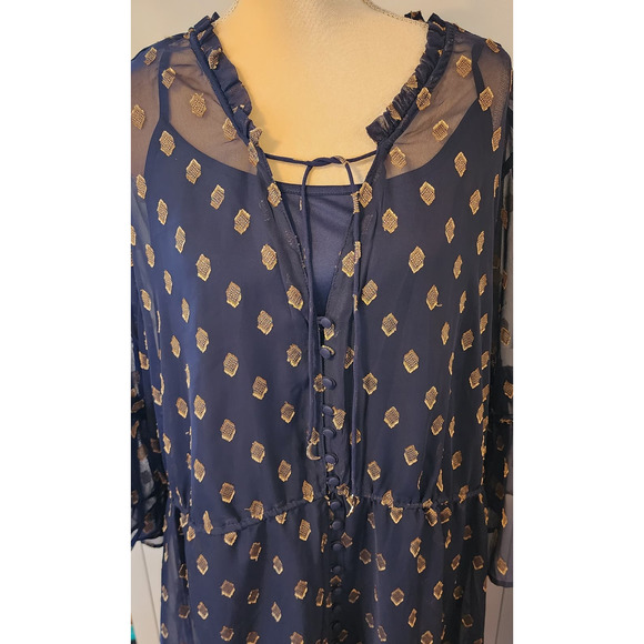 Ellos Women's Blue Gold Sheer Overlay Bell Sleeves Midi Plus Size Dress 26 - Picture 2 of 8